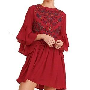 Umgee Mini Red Embroidered Dress Bell Sleeves Fit and Flare
